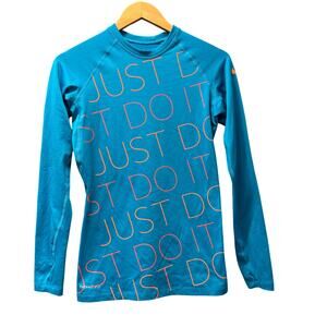 Nike Pro Combat Shirt Womens Small‎ Blue Therma-Fit Dri-Ft Activewear Thumbholes